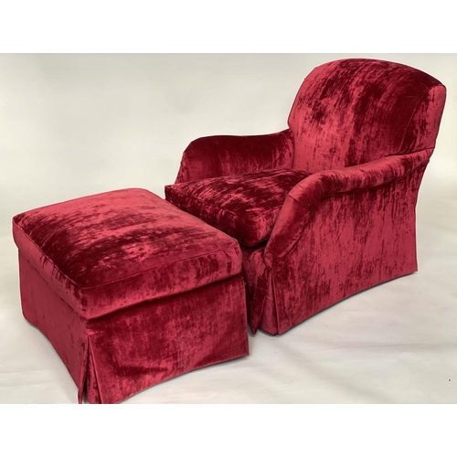 139 - AMRCHAIR AND STOOL, Howard style scarlet velvet upholstered with feather filled cushions and matchin... 