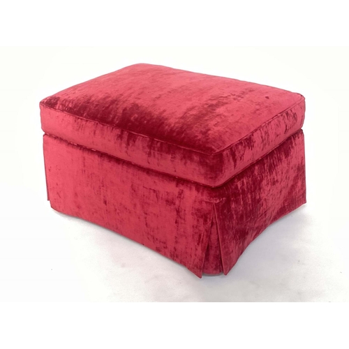 139 - AMRCHAIR AND STOOL, Howard style scarlet velvet upholstered with feather filled cushions and matchin... 