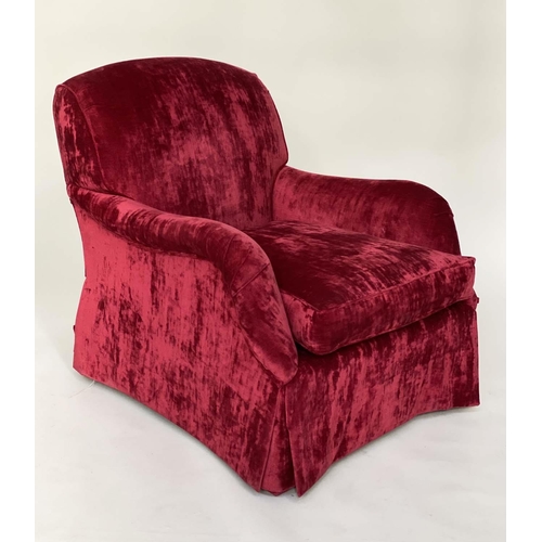 139 - AMRCHAIR AND STOOL, Howard style scarlet velvet upholstered with feather filled cushions and matchin... 