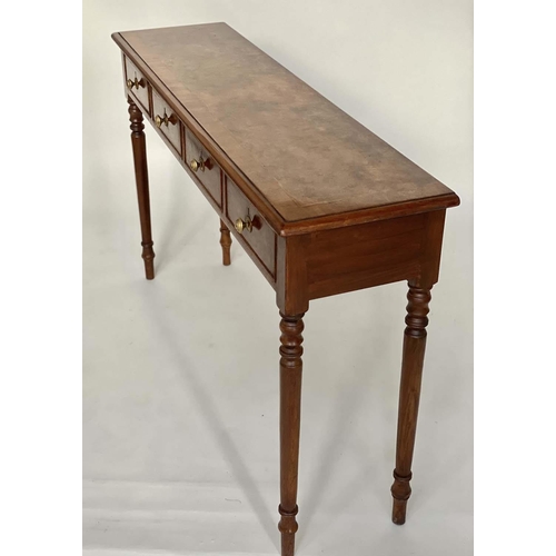 123 - HALL TABLE, George III design burr walnut and crossbanded with four frieze drawers, 127cm x 33cm x 7... 