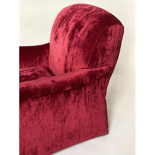 139 - AMRCHAIR AND STOOL, Howard style scarlet velvet upholstered with feather filled cushions and matchin... 