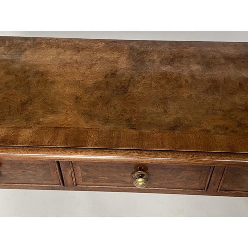 123 - HALL TABLE, George III design burr walnut and crossbanded with four frieze drawers, 127cm x 33cm x 7... 