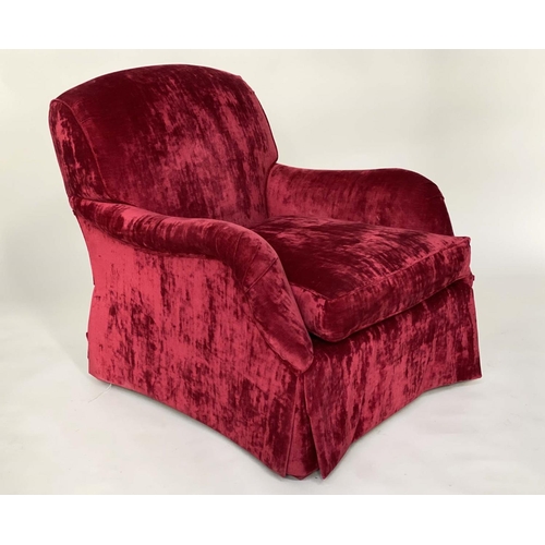 139 - AMRCHAIR AND STOOL, Howard style scarlet velvet upholstered with feather filled cushions and matchin... 