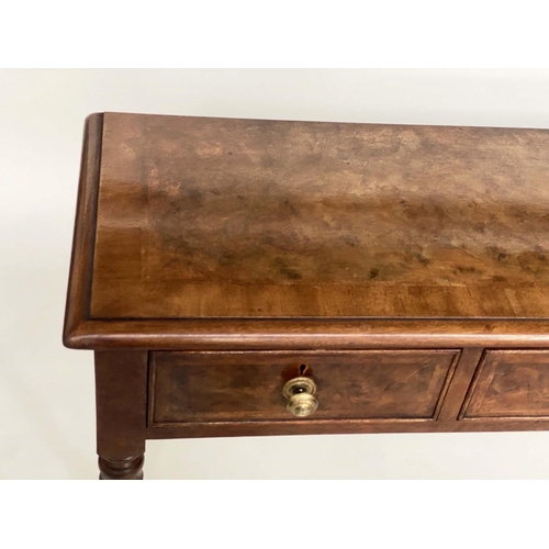 123 - HALL TABLE, George III design burr walnut and crossbanded with four frieze drawers, 127cm x 33cm x 7... 