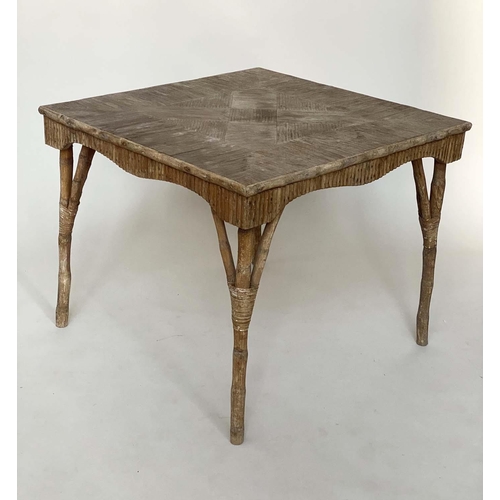 140 - RUSTIC CENTRE TABLE, vintage bamboo and cane bound square with split cane ware frieze, 91cm x 91cm x... 