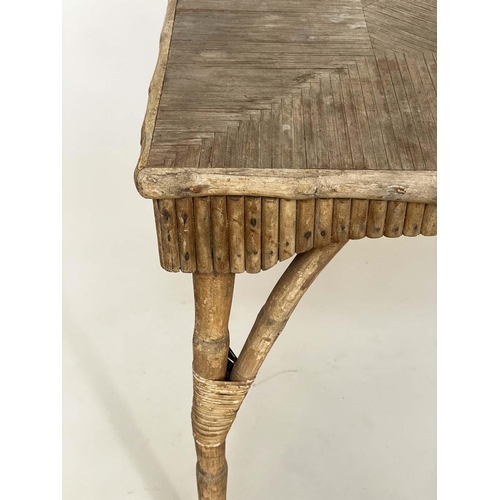 140 - RUSTIC CENTRE TABLE, vintage bamboo and cane bound square with split cane ware frieze, 91cm x 91cm x... 