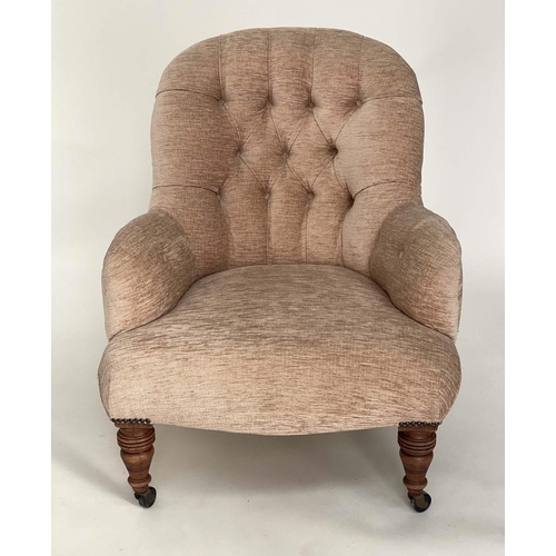 124 - ARMCHAIR, Victorian walnut with gold plush velvet chenille upholstery, buttoned back and turned supp... 