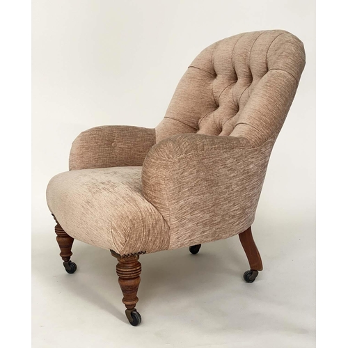 124 - ARMCHAIR, Victorian walnut with gold plush velvet chenille upholstery, buttoned back and turned supp... 