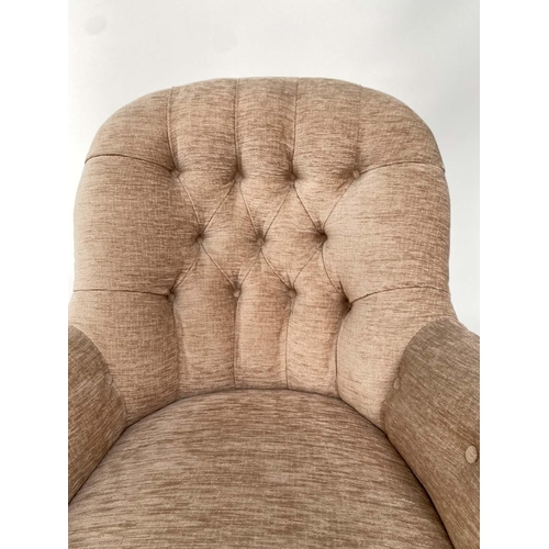 124 - ARMCHAIR, Victorian walnut with gold plush velvet chenille upholstery, buttoned back and turned supp... 