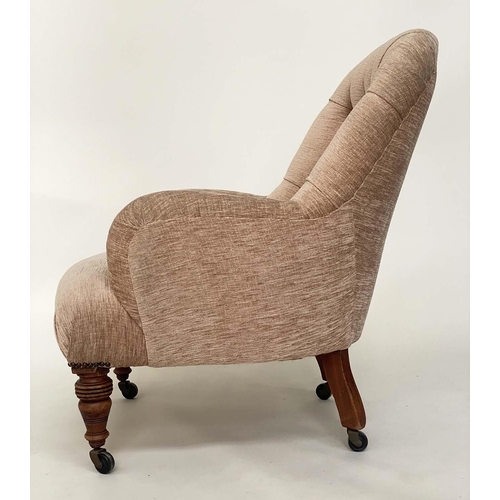 124 - ARMCHAIR, Victorian walnut with gold plush velvet chenille upholstery, buttoned back and turned supp... 