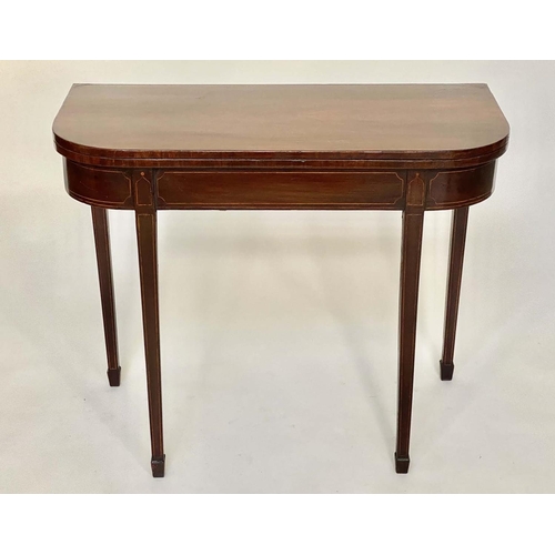 125 - TEA TABLE, George III mahogany and line inlaid with D foldover top and tapering square section suppo... 