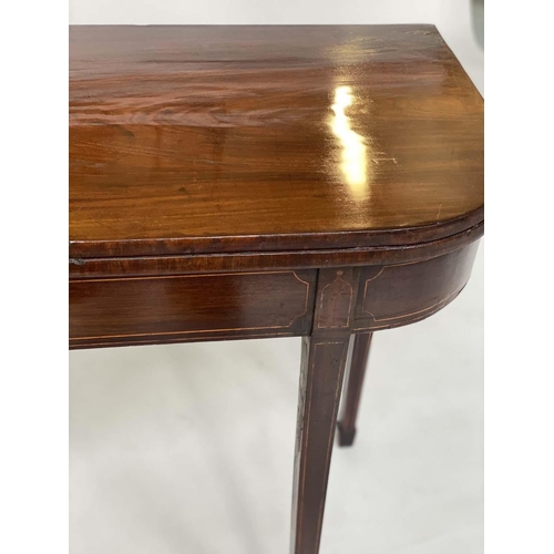 125 - TEA TABLE, George III mahogany and line inlaid with D foldover top and tapering square section suppo... 