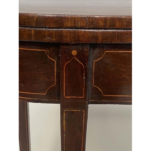 125 - TEA TABLE, George III mahogany and line inlaid with D foldover top and tapering square section suppo... 