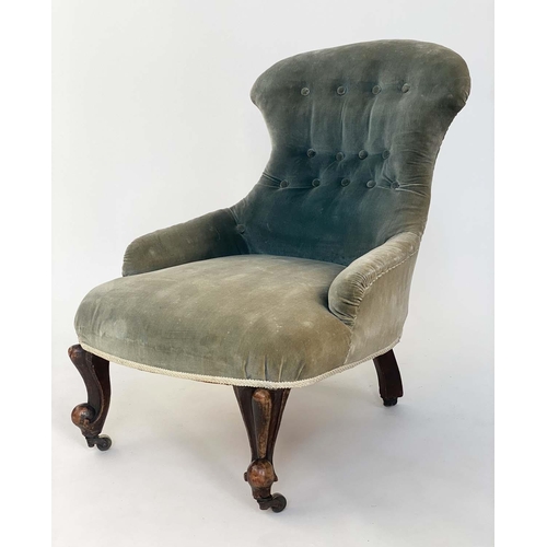 126 - SLIPPER CHAIR, late 19th/early 20th century English moss velvet with buttoned back and shaped suppor... 