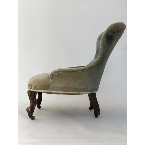 126 - SLIPPER CHAIR, late 19th/early 20th century English moss velvet with buttoned back and shaped suppor... 