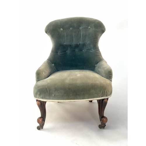 126 - SLIPPER CHAIR, late 19th/early 20th century English moss velvet with buttoned back and shaped suppor... 