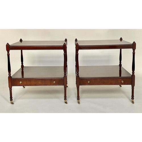 127 - LAMP TABLES, a pair, George III design flame mahogany each with two tiers and a drawer, 56cm x 56cm ... 