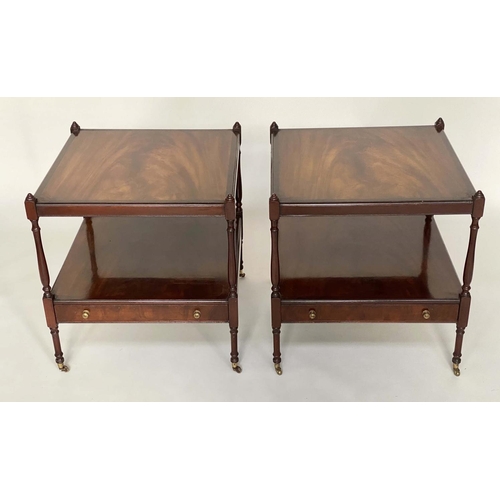 127 - LAMP TABLES, a pair, George III design flame mahogany each with two tiers and a drawer, 56cm x 56cm ... 