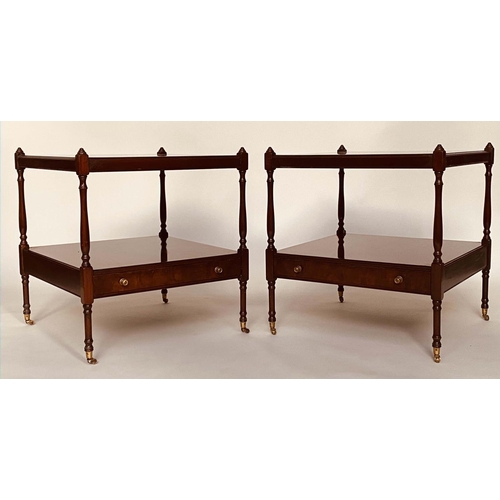 127 - LAMP TABLES, a pair, George III design flame mahogany each with two tiers and a drawer, 56cm x 56cm ... 