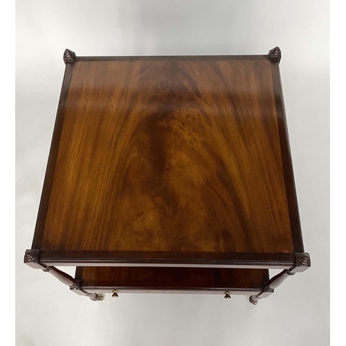 127 - LAMP TABLES, a pair, George III design flame mahogany each with two tiers and a drawer, 56cm x 56cm ... 