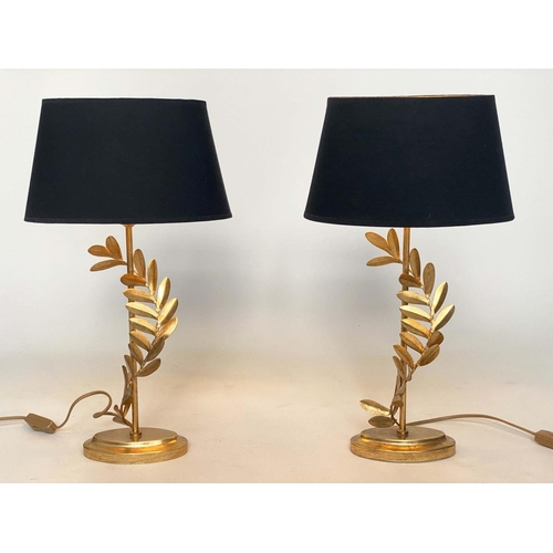 128 - TABLE LAMPS, a pair, by Laura Ashley oval black shades and fern gilt metal supports, 54cm H. (2)