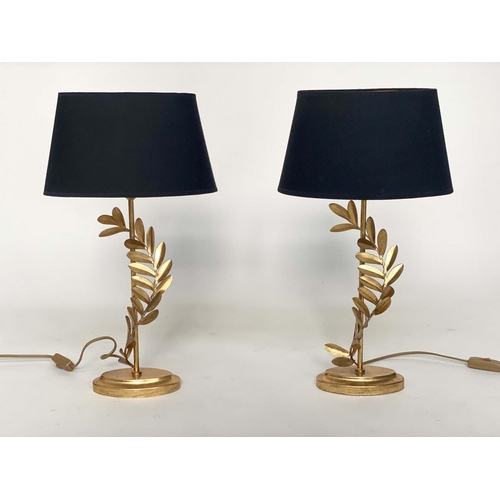 128 - TABLE LAMPS, a pair, by Laura Ashley oval black shades and fern gilt metal supports, 54cm H. (2)