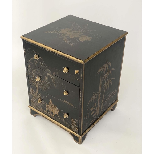 129 - CHEST, lacquered and gilded in the Chinese taste with three long drawers and stellar handles, 46cm x... 