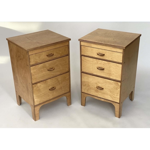 314 - BEDSIDE CHESTS, a pair, birch showwood ply, each with three long drawers, 45cm x 39cm x 72cm H. (2)