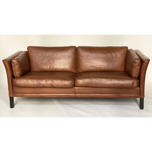 312 - DANISH SOFA, 1970's mid brown grained tan leather with three seat cushions, 188cm W.