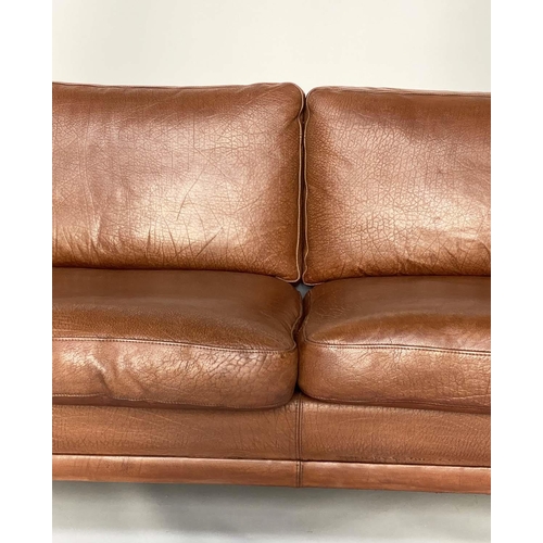 312 - DANISH SOFA, 1970's mid brown grained tan leather with three seat cushions, 188cm W.