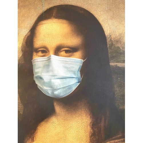 63 - AFTER LEONARDO DIVINCI, MONA LISA “WITH MASK”, print on board, framed, 120cm x 80cm.