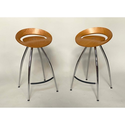 319 - BAR STOOLS, a pair, by Lyra Magis shaped bent plywood with chrome supports and footrest, 77cm H. (2)