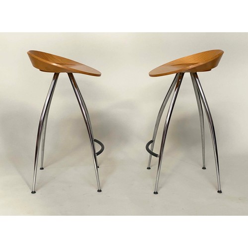 319 - BAR STOOLS, a pair, by Lyra Magis shaped bent plywood with chrome supports and footrest, 77cm H. (2)