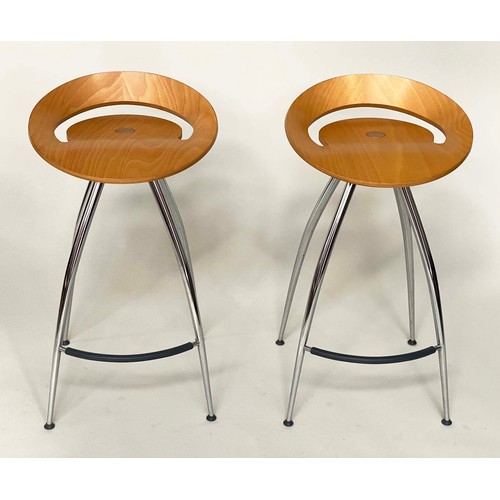 319 - BAR STOOLS, a pair, by Lyra Magis shaped bent plywood with chrome supports and footrest, 77cm H. (2)