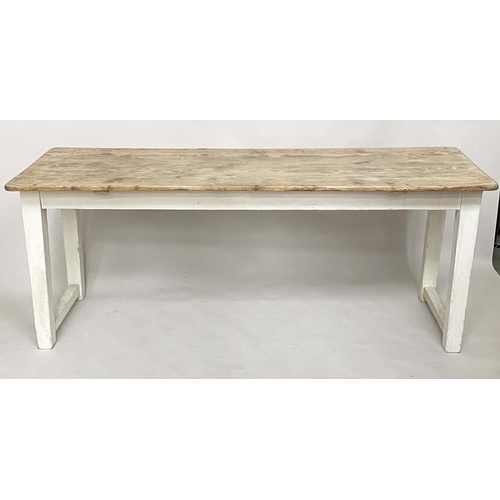 145 - FARMHOUSE/KITCHEN TABLE, Edwardian English with planked pine top and painted stretchered supports, 1... 