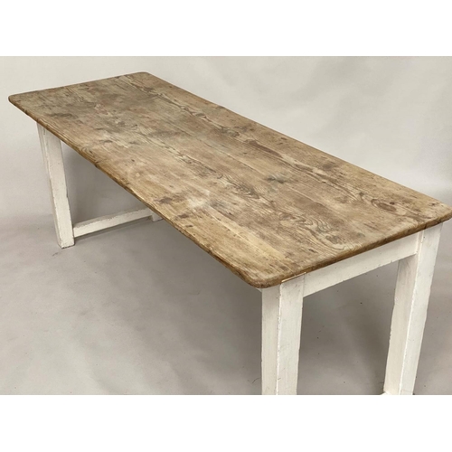 145 - FARMHOUSE/KITCHEN TABLE, Edwardian English with planked pine top and painted stretchered supports, 1... 