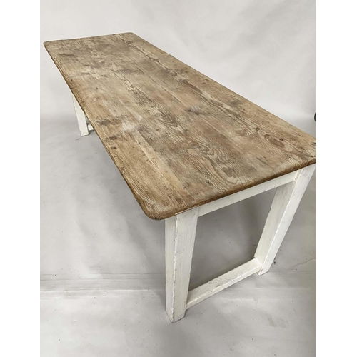 145 - FARMHOUSE/KITCHEN TABLE, Edwardian English with planked pine top and painted stretchered supports, 1... 