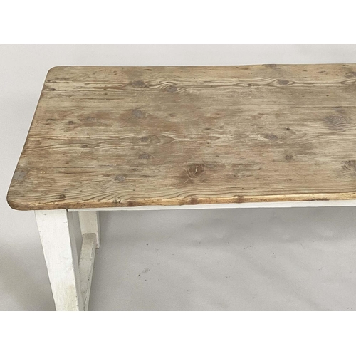 145 - FARMHOUSE/KITCHEN TABLE, Edwardian English with planked pine top and painted stretchered supports, 1... 