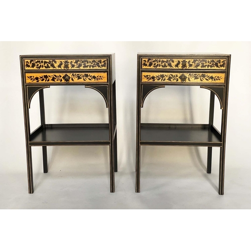 148 - LAMP TABLES, a pair, Regency style lacquered and gilded each with two frieze drawers, 47cm W x 35cm ... 