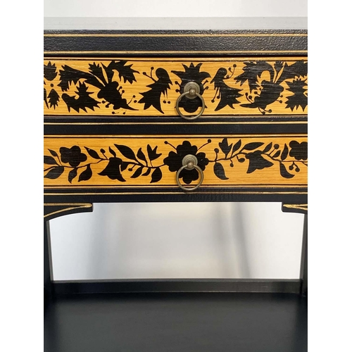 148 - LAMP TABLES, a pair, Regency style lacquered and gilded each with two frieze drawers, 47cm W x 35cm ... 