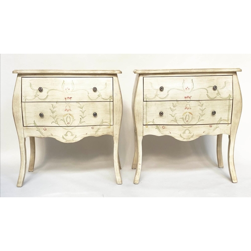 144 - BEDSIDE CHESTS, 89cm H x 79cm W x 40cm D, a pair, French grey painted of bombe form each with two dr... 