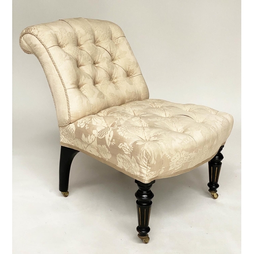 147 - SLIPPER CHAIR, Victorian aesthetic period ebonised and gilt with buttoned cream brocade upholstery, ... 