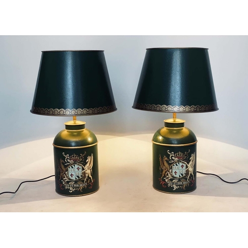 195 - CANISTER LAMPS, a pair, antique style toleware, tea canister form each with royal coat of arms and s... 