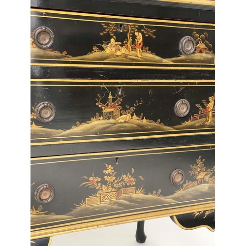 196 - BUREAU, 1930s black lacquered and gilt Chinoiserie decorated with fitted interior and three long dra... 