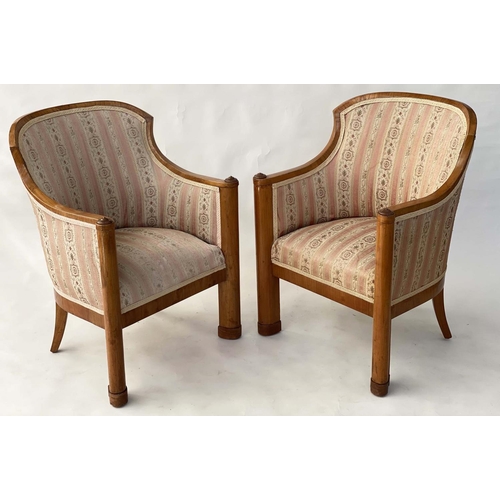 193 - ART DECO ARMCHAIRS, 66cm W, a pair, birch with arched bow back and column front supports. (2)