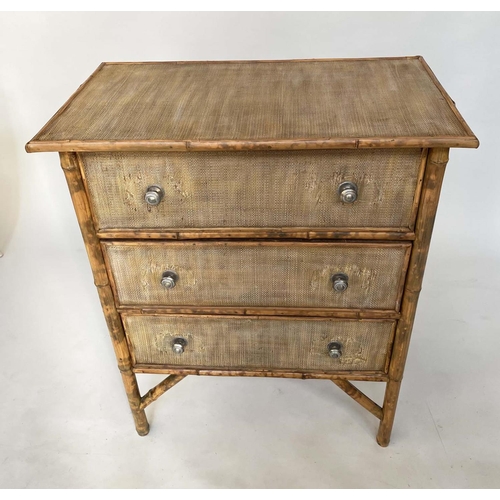 194 - BAMBOO CHEST, Victorian cane panelled with three long drawers, 77cm x 46cm x 93cm H.