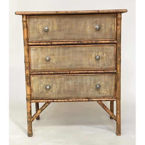 194 - BAMBOO CHEST, Victorian cane panelled with three long drawers, 77cm x 46cm x 93cm H.