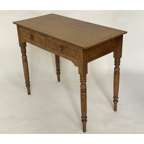 189 - WRITING TABLE, 19th century faux Birds Eye Maple painted with two frieze drawers and ebonised lined ... 