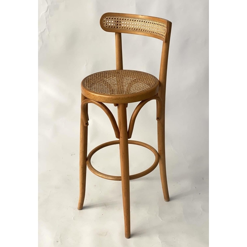 191 - BAR STOOLS, a pair, bentwood and cane panelled with raised bow backs, 95cm H, seat 71cm H. (2)