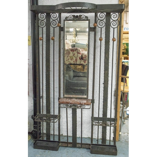 197 - HALL STAND, 194cm H x 115cm W x 41cm D, Art Deco wrought iron, copper and marble, circa 1925, with o... 